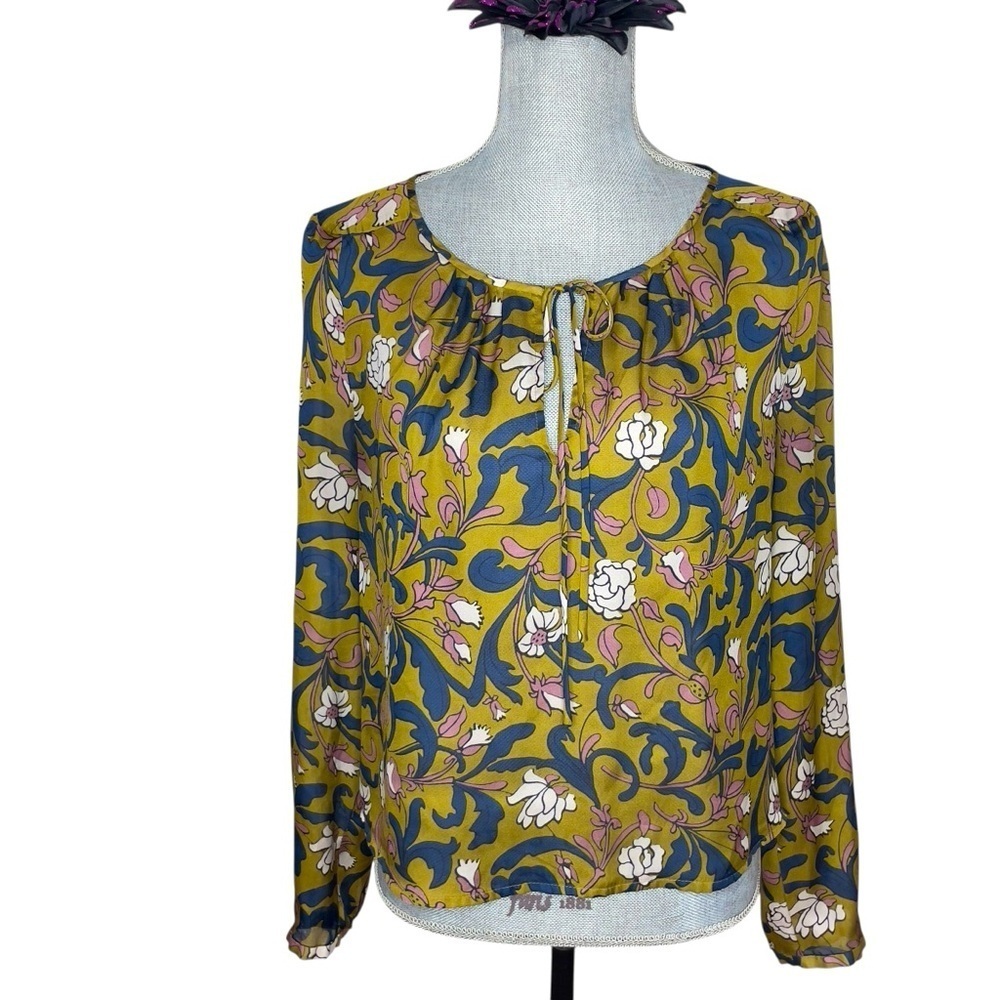 LOFT Floral Print Blouse - Olive Green Pink Navy Long Sleeve Tie Neck Boho
Top M
